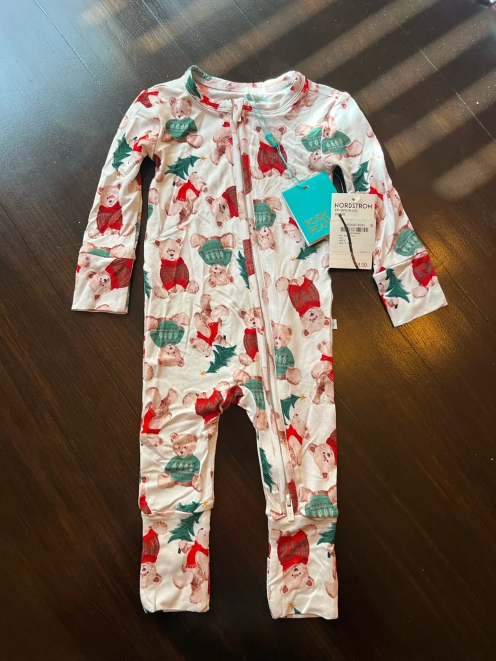 New - Posh Peanut White One-Piece with Red & Green Holiday Bear Print